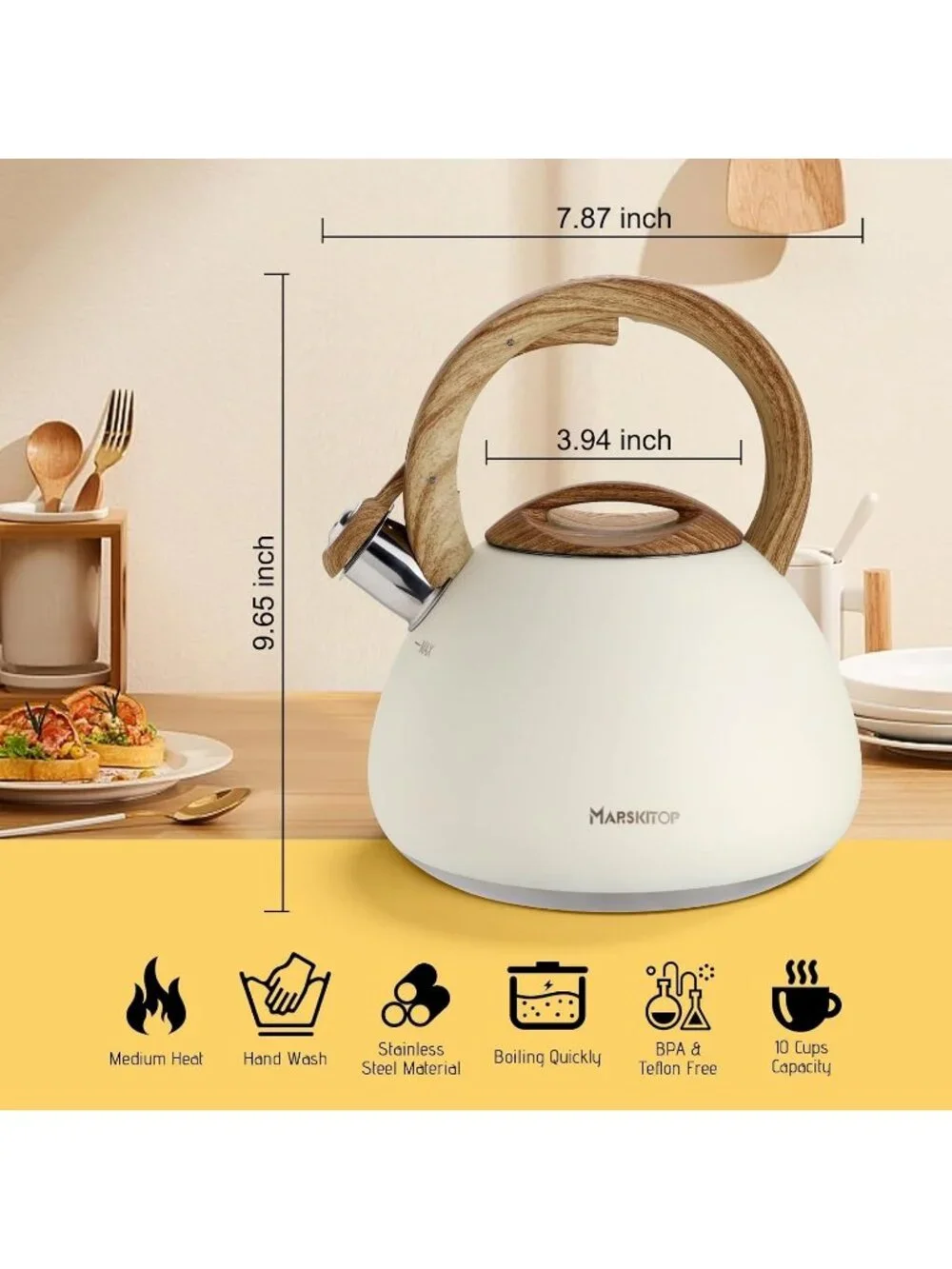 Cream White Stainless Steel Whistling Tea Kettles 2.6QT Stovetop Cookware Pot